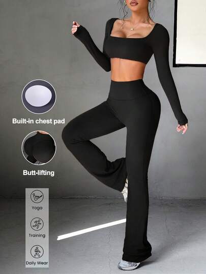 Aoqta 女士两件套休闲运动户外性感长袖方领T恤和裤子套装，适合跑步、健身、瑜伽和其他运动，春夏款