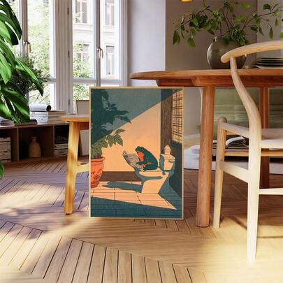 1幅趣味青蛙厕所帆布墙画海报，卡通动物读报，浴室装饰，现代家居墙面装饰，帆布画，墙面装饰礼品，无框