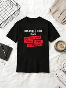 Maglietta estiva in cotone casual a maniche corte con grafica di biglietto strappato "WORLD TOUR 2026" Member - nero - Visualizzare 6