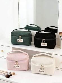 1pc Corduroy Makeup Bag With Letter Strap, Zipper Closure Portable Cosmetic Organizer, Suitable For Travel, Home, Unisex, All Seasons, Student Dorm, Mother's Day, Thanksgiving, New Year Gift - Multicolor - View 1