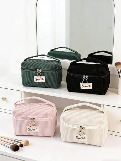 1 pieza Bolsa de maquillaje de pana con correa con letra, cierre con cremallera, organizador de cosméticos portátil, adecuado para viajes, hogar, unisex, todas las estaciones, dormitorio de estudiantes, regalo del Día de la Madre, Acción de Gracias, Año Nuevo