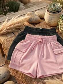 Kit Of 2 Women's Cargo Shorts, Lightweight Fleece, Loose Fit, Comfortable Cotton Fabric, Cargo Style, Perfect For Tea Parties And Summer. - 淺粉色 - 查看 2