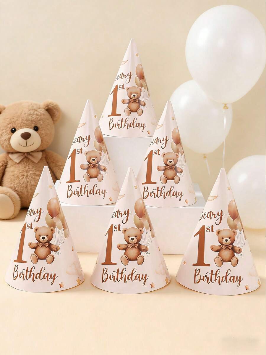 6入泰迪熊1歲生日派對紙帽，1歲生日派對帽，泰迪熊主題生日派對裝飾帽，生日派對拍照道具，泰迪熊派對裝飾，1歲生日派對用品，泰迪熊主題1歲生日派對配件，DIY休閒手工紙帽，1歲生日裝飾，生日禮物，派對小禮物