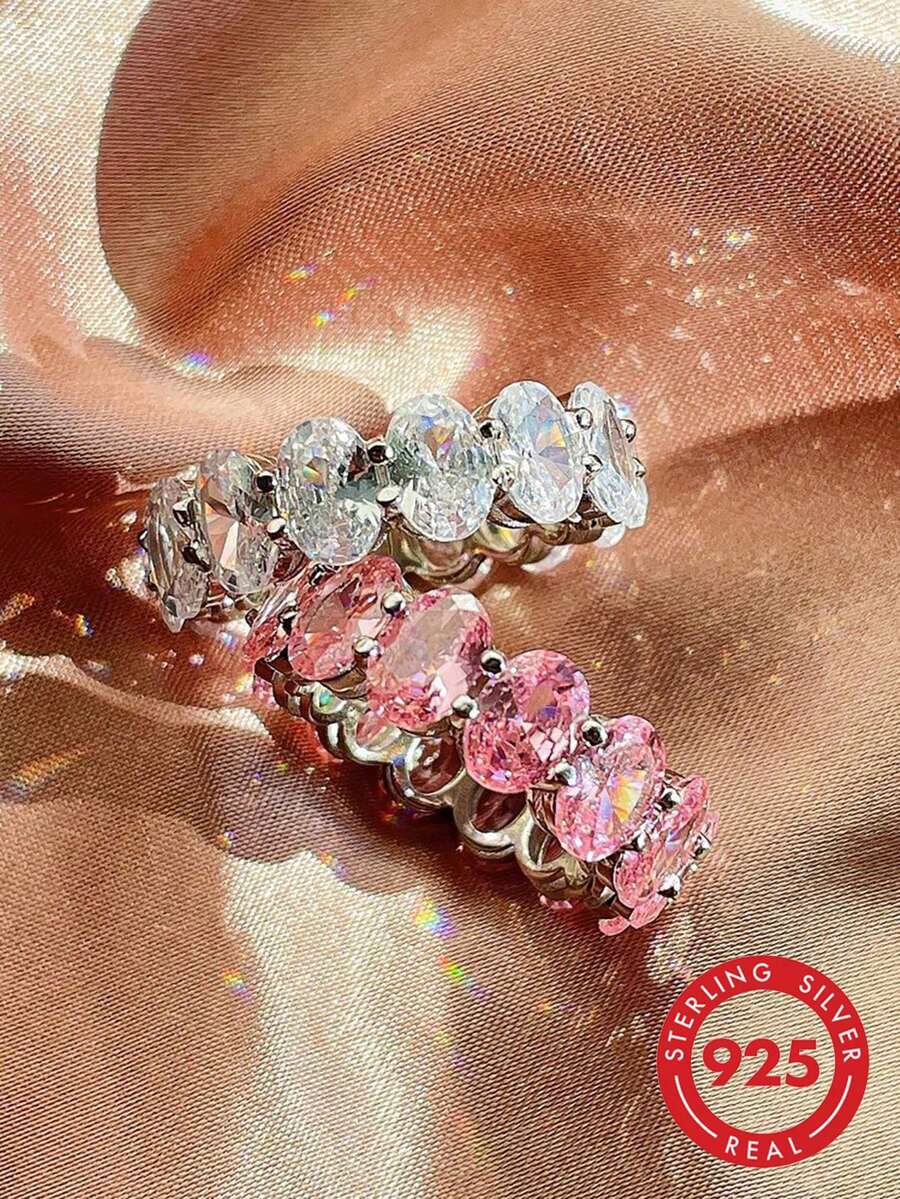 1 buc Inel Oval din Argint Sterling S925 cu Strasuri Incrustate, Bijuterii Delicate pentru Femei, Cadou Potrivit pentru Purtare Zilnică, Întâlniri, Anul Nou, Ziua Îndrăgostiților - Inel oval cu diamant - Vizualizare 1