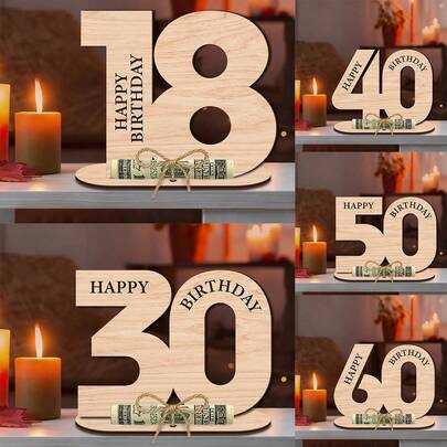 1个木质生日钱夹装饰礼品，成人成长纪念木制工艺品，生日木质钱夹装饰，适用于家居、办公桌、书房装饰、家居摆设展示