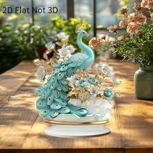 1件亚克力材质2D扁平孔雀摆件，绿蓝色，饰以花卉和金箔点缀，优雅的桌面摆件，奢华饰品 - A - 查看 4