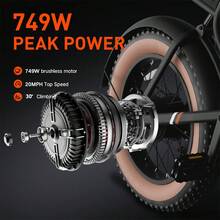 749W Motor Electric Bike For Adults,, 48V13Ah Battery 80 Miles Range, 20MPH Speed, 20inch Off-Road Tire Ebike, F02 Mountain Electric Bike, 7-Speed Ebike, Commuter EBike, Dual Disc Brake For Snow, Valentine's Day Gifts, Bike For SPRING - Black - View 4