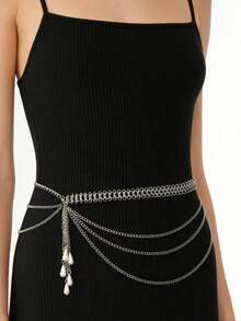 1pc Exaggerated Gold Sexy Party Body Chain With Multi-Layer Faux Pearl Tassels, Women's Waist Chain, Gift For Girlfriend, Sisters, Birthday, Vacation, Party - Bạc - Xem 1