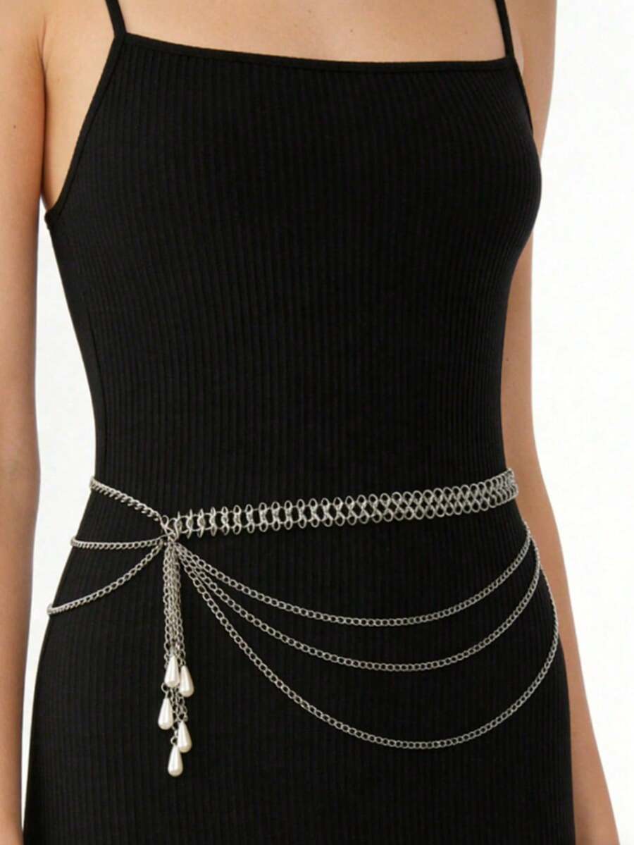 1pc Exaggerated Gold Sexy Party Body Chain With Multi-Layer Faux Pearl Tassels, Women's Waist Chain, Gift For Girlfriend, Sisters, Birthday, Vacation, Party - Bạc - Xem 1