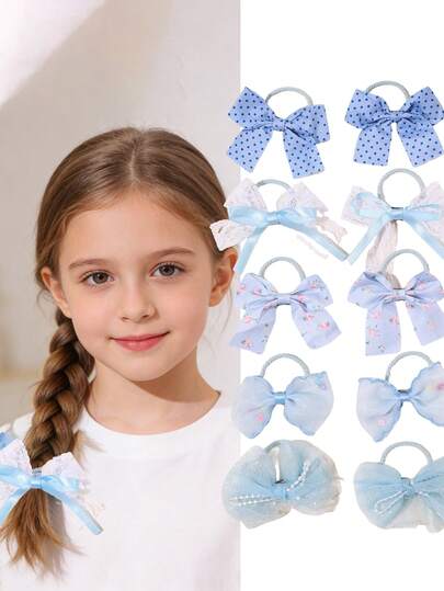 10pcs/Set Sweet Fresh Blue Bowknot Hair Scrunchies, Casual Daily Hair Accessories For Girls