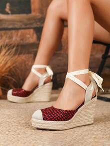 New European And American Style Linen Fisherman Woven Platform Roman Wedge Sandals For Women - Red - View 7