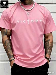 Men's Fashionable Short Sleeve T-Shirt PAYEAH Men's Letter Print T-Shirt, Crew Neck, Short Sleeve, Summer T-Shirts, 100% Comfortable Cotton - 粉色 - 查看 3