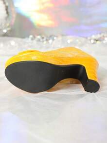2024 Autumn New Lace Rhinestone Bow High Heel Shoes For Women, White Elegant Platform Thick Heel Round Toe Pumps - Yellow - View 7