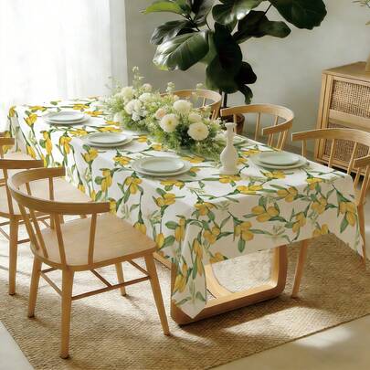 1pc Refreshing Countryside Lemon & Floral Pattern Tablecloth, Single-Sided Printed 100% Polyester Fabric, Suitable For Dining Room, Living Room, Coffee Table Decor, Family Gatherings, Parties, Holiday Events