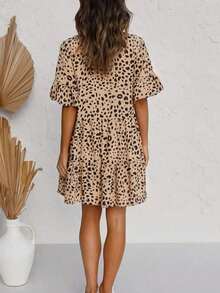 春夏豹纹涤纶轻薄数码印花波点V领休闲优雅连衣裙，女士款 - 卡其色 - 查看 2