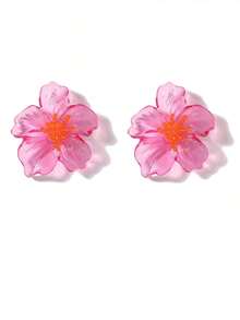 1 Pair ZAA Colorful Resin Flower Earrings, Luxury High-Quality Elegant Jewelry Accessories For Women, Suitable For Holidays And Parties - 玫紅色 - 查看 4