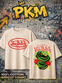 Camiseta gráfica con diseño de serpiente y flores holandesas de estilo vintage streetwear, de uso diario casual, lavable a máquina, ajuste regular, apta para todas las estaciones, atuendo de fin de semana, moda juguetona, camisa duradera de manga corta - Albaricoque - Ver 1