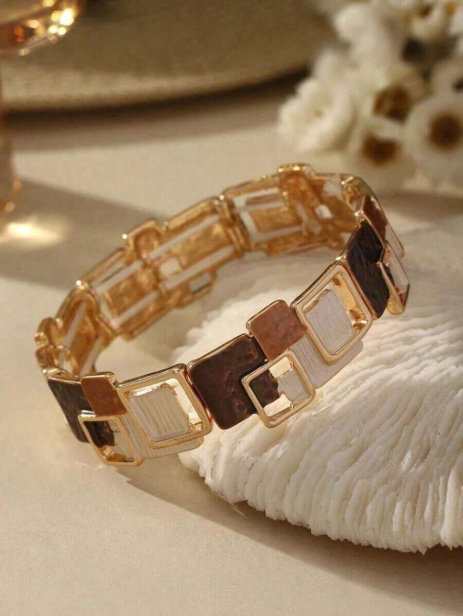 SophiaXuan 1pc Fashionable, Elegant, Minimalist Retro Charming Khaki Drip Oil Enameled Zinc Alloy Square Decorative Bracelet, Suitable Women's Daily Wear, Vacation,, Party, - 幾何學 - 查看 1