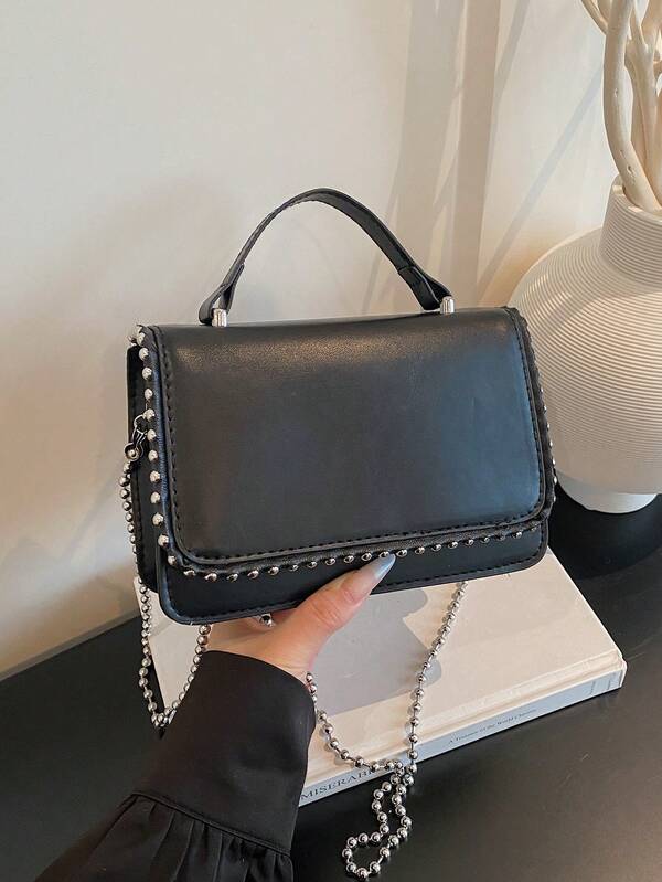 Túi xách mini kiểu retro mới, có quai xách trên, trang trí đính hạt, nắp gập, dây xích kim loại, dung tích nhỏ, nhẹ, tối giản, màu trơn, chất liệu da mềm, kiểu dáng thường ngày.