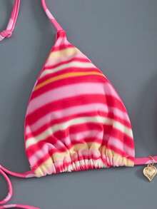 女士性感挂脖蝴蝶结比基尼套装，沙滩度假服，休闲度假优雅沙滩泳装，波点条纹印花设计，采用高弹透气面料，适合沙滩度假、音乐节、情人节等场合，女士沙滩度假装，女士泳装，夏季假日装，粉色比基尼套装 - 彩色 - 查看 5