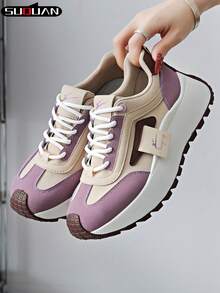 New Women's Contrast Color Thick Sole Casual Shoes, Soft & Shock-Absorbing, Breathable & Skin-Friendly, Height Increasing, Versatile For Commuting, Outing, Dating, Shopping, Daily Wear, Fashionable Shoes For Young Girls, Popular Student Casual Shoes, Non-Slip , Easy To Maintain - Purple - View 5