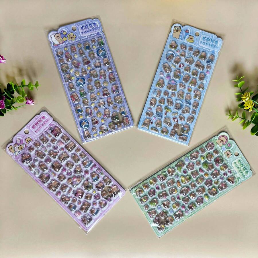 可爱的水豚和萌熊水晶贴纸 - 高品质卡通贴纸,适合DIY手工、日记装饰和贴心礼物装饰 - 彩色 - 查看 1