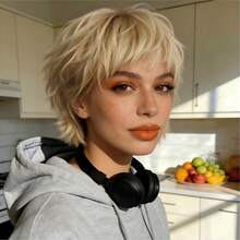 Short Pixie Cut Human Hair Wig Honey Blonde With Bangs Layered Straight Style 180% Density Brazilian Remy, Real Human Hair, 5inch Layered Straight Bob Wigs, Shaggy Short Straight Layered Wig, Breathable Cap Wig, Easter, Mother's Day Decorations, Music Festival/ Wedding Season, Easter & Mother's Day - Blonde - 查看 1