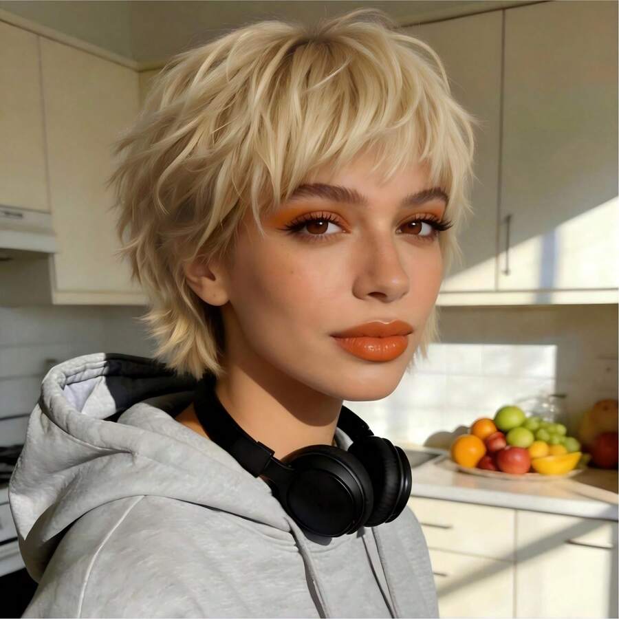 Short Pixie Cut Human Hair Wig Honey Blonde With Bangs Layered Straight Style 180% Density Brazilian Remy, Real Human Hair, 5inch Layered Straight Bob Wigs, Shaggy Short Straight Layered Wig, Breathable Cap Wig, Easter, Mother's Day Decorations, Music Festival/ Wedding Season, Easter & Mother's Day - Blonde - 查看 1