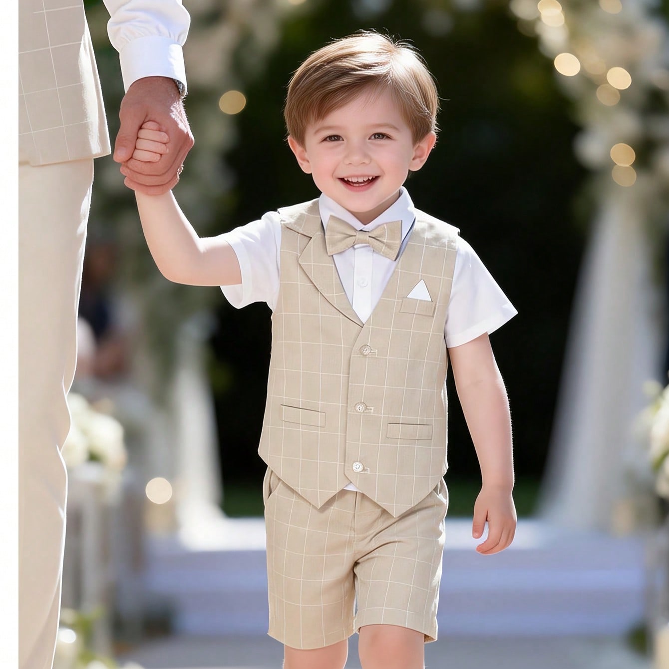 Set de 3 piezas: Chaleco a cuadros estilo caballero, pantalones cortos con corbata de moño para niños, adecuado para fiestas de cumpleaños, banquet