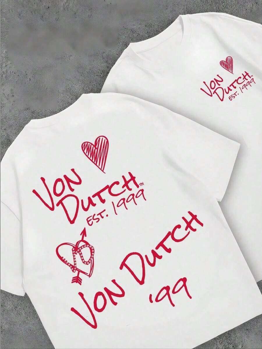 1pcs Women's Double-Sided Printing Von Dutchh Heart Logo With Key And Year 1999 Fabric Soft & Skin-Friendly Unisex Style Gifts For Spring Festival, Valentine's Day, St. Patrick's Day & World Cup-Van Dutch Dragon Print Women T Shirt Classic Americana Style Graphic Tee,Summer Fits,Vacation Fits Women,Summer Fits For Women,Spring Fits For Women,Summer Tops,St Pattys Day Fit,Easter Fit Womensummer Outfits For Women - White - View 1