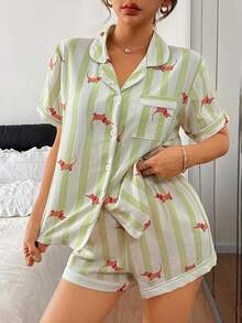 Dreamivo 2pcs Women Comfortable White & Green Striped Puppy Print Lapel Single-Breasted Short Sleeve Pocket Top & Shorts Pajama Set, Suitable For Spring/Summer Loungewear - Mint Green - View 5