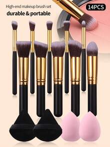 14件套完整化妆刷套装，含海绵和粉扑，专业美妆工具 - 黑色 - 查看 2