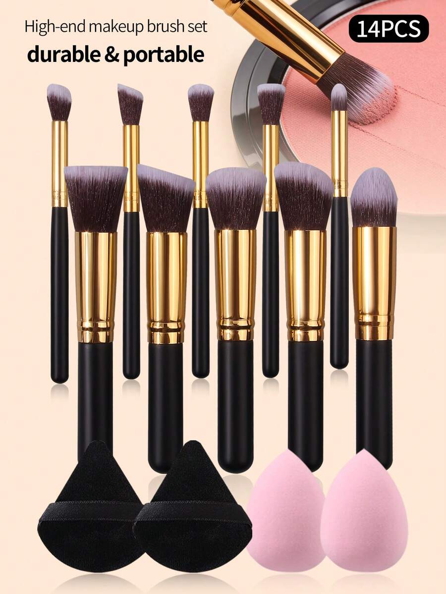 14件套完整化妆刷套装，含海绵和粉扑，专业美妆工具