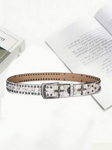 1pc Men's Gothic PU Belt | Rivet Buckle With Square Beads And Double Row Studs,Original Cross Skull White Leopard Print Belt Rivet Punk Y2K Style Nightclub Match - Multicolor - View 5