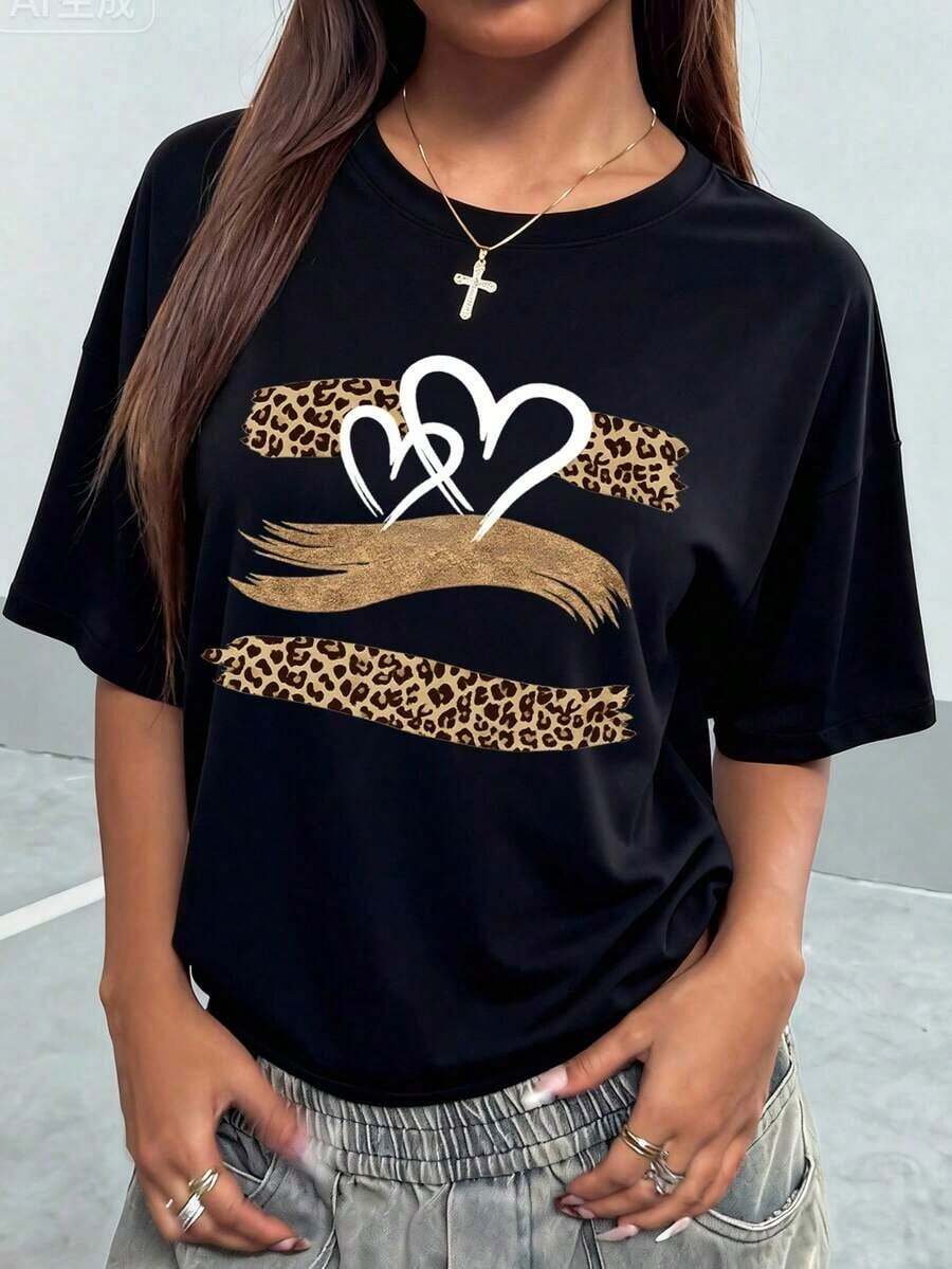 Summer TopsWomen's Summer New Simple Slogan Print Casual Vacation Style Loose Fit Round Neck Short Sleeve T-Shirt, Fashionable Everyday Top, Suitable - 黑色 - 查看 1
