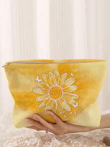 1pc Portable Daisy Flower Pattern Double-Sided Print Zipper Cosmetic Bag, Multifunctional Travel Toiletry Organizer - Multicolor - View 1