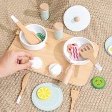 儿童木制过家家厨房玩具套装，包括炉灶、炊具、食物食材，适合女孩角色扮演和亲子互动 - 彩色 - 查看 6