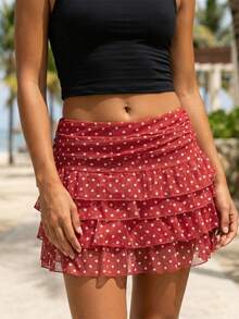 Women's Summer Mini Skirt Casual Stylish Dot Print Layered Ruffled Mid Rise Short Skirt - Red - View 2
