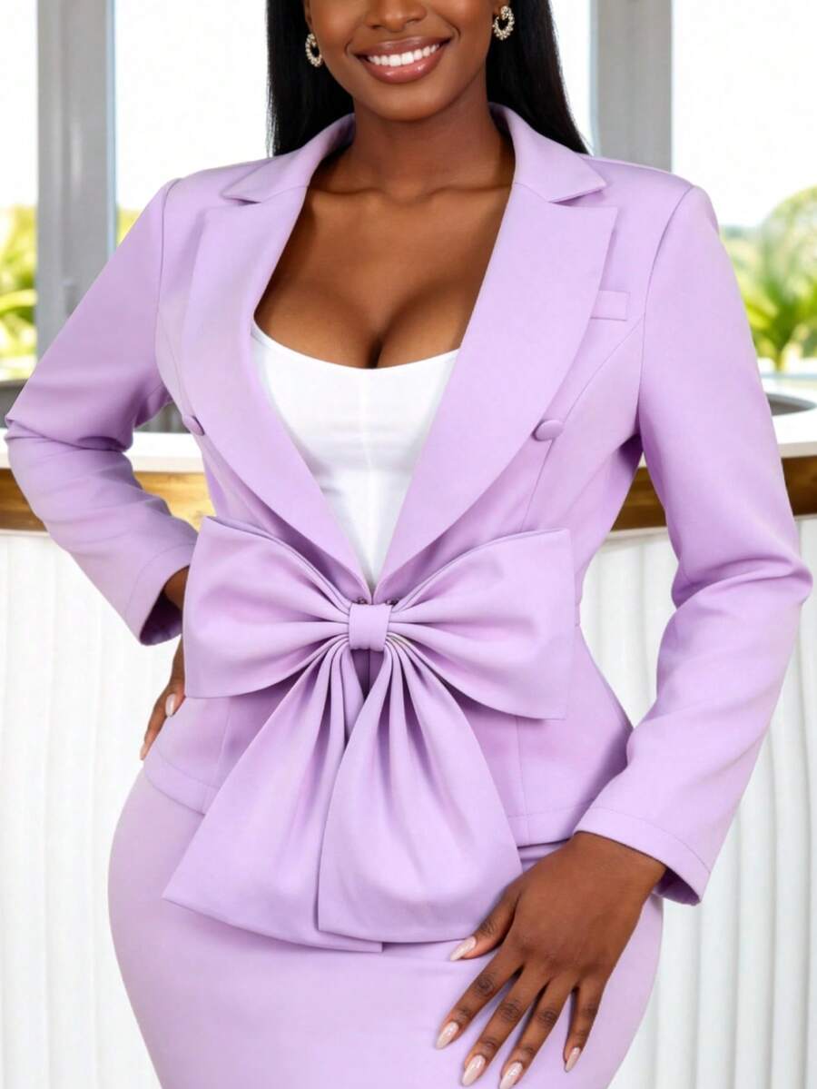 AOMEI 女士优雅浅紫色蝴蝶结前襟荷叶边修身长袖商务休闲西装外套 - 淡紫色 - 查看 1