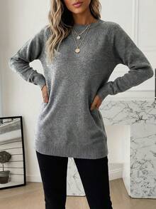 Gray Sweater, Long Sleeve Pullover, Round Neck Knit Sweater, Women's Knitted Top, Loose Fit Sweater, Casual Style, Autumn/Winter Fashion, Loose Knit Blouse, Ribbed Cuffs, Stylish Street Wear - Grey - View 4