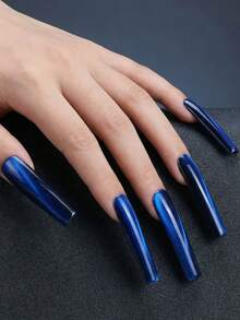 Premium Handmade Long Square Press On Nails, Multi Color Cat Eye Design, High Gloss Sleek Finish, Salon Grade Reusable, Formal Occasion Nails Summer Easter - 藏蓝色 - 查看 4