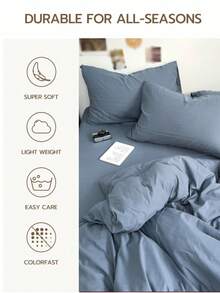 1 Juego de Funda Nórdica + 2 Fundas de Almohada, Microfibra Suave Cepillada, Lavable a Máquina, Apto para Todas las Estaciones, Uso en Dormitorio - Neblina azul - Ver 4
