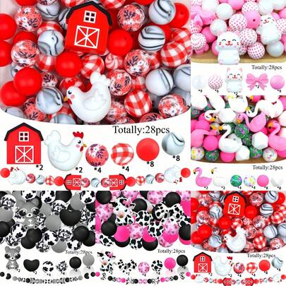 28pcs Silicone Beads, Animal Elements Rooster Raccoon Heart Bow Flamingo Kitten Flower Dog Paw Cat Paw Heart Print Fashion Design, Suitable For Jewelry Making, Ideal For DIY Bracelets, Lanyards, Beaded Pens, Holiday Decorations And Other Handicrafts - Perfect Birthday, Spring, Summer, Father's Day, Mother's Day Gift Making Supplies - Beading Kit, Beading Supplies