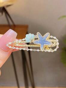1个可爱海星发夹，蓝色侧鳄鱼夹刘海发夹，优雅小发夹，学生用品，发饰，头部饰品，女士发饰，爪夹 - 彩色 - 查看 3