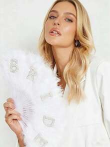1pc Elegant "BRIDE" Feather Fan, Bridal Feather Fan, Luxurious White Folding Fan, Perfect For Weddings, Bridal Gatherings, Bachelor's Parties, Wedding Photoshoots, And As A Bridal Accessory On The Wedding Day - Multicolor - View 4