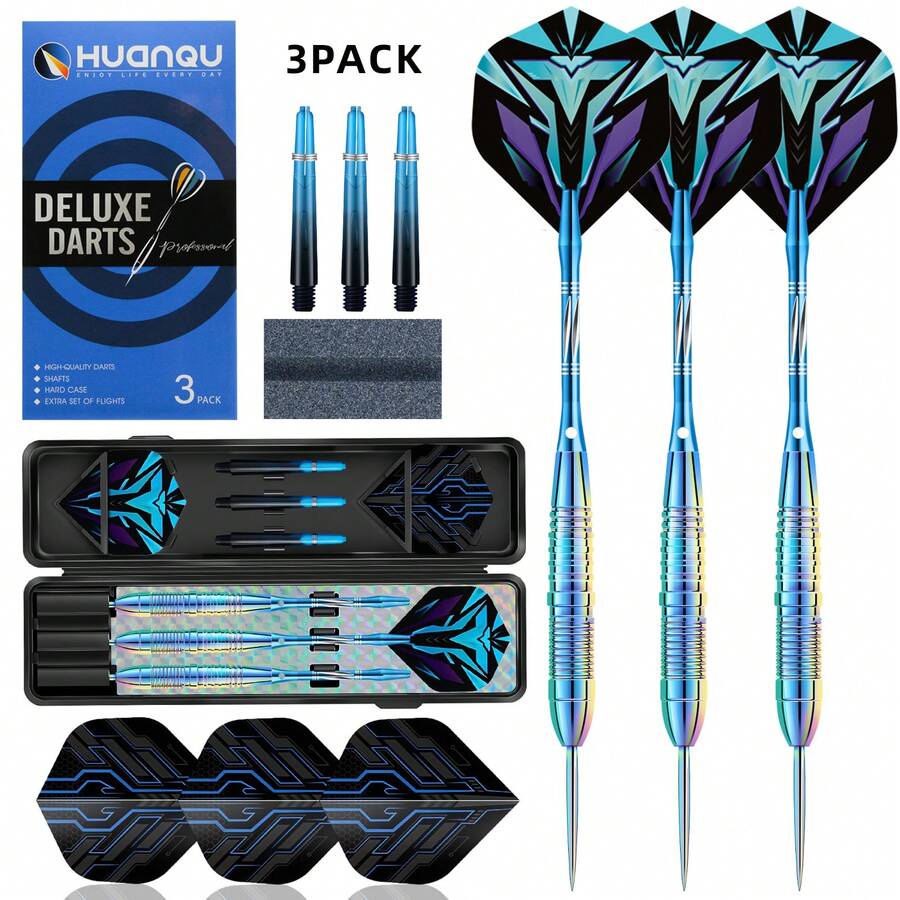 HUANQU 3pcs Colorful Blue Stainless Steel Hard Tip Darts Set, Includes Spare Flights, Shafts, Sharpening Stone And Portable Storage Box, Competition Practice Home Party Game Equipment, Suitable For Beginners And Pros, Father's Day Holiday Gift Choice - Multicolor - View 1
