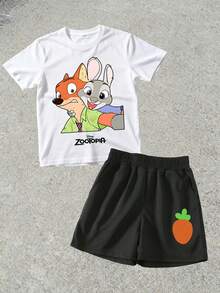 Official Authorization Disney Zootopia Print Kids 2 Piece Outfit, Girls Cute Cartoon Graphic T-Shirt And Shorts Set, Summer Casual Tops For Daily Wear Theme Park Vacation, Children's Clothing Holiday Gift - 白色 - 查看 3