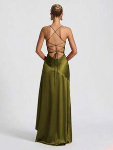 Women's Solid Color Sexy Tie-Up Ruffle Hem Slit Dress Wedding Spring Party - 橄欖綠 - 查看 4