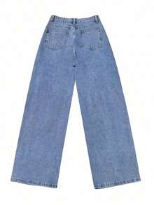 Vintage Blue Loose Wide-Leg Jeans For Women, New Loose Fit Straight Leg Pants, Suitable For Holidays, Festivals, Denim Outfits, Jeans, Trousers, Outings, Women's Jeans, Women's Denim Outfits, Women's Jeans, Bottoms Casual Spring - 中度洗滌 2 - 查看 6