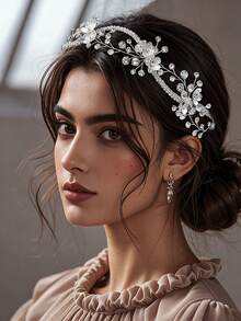 1件手工新娘头饰，合金花朵造型发饰，镶嵌水钻，交叉发带 - 銀色 - 查看 3